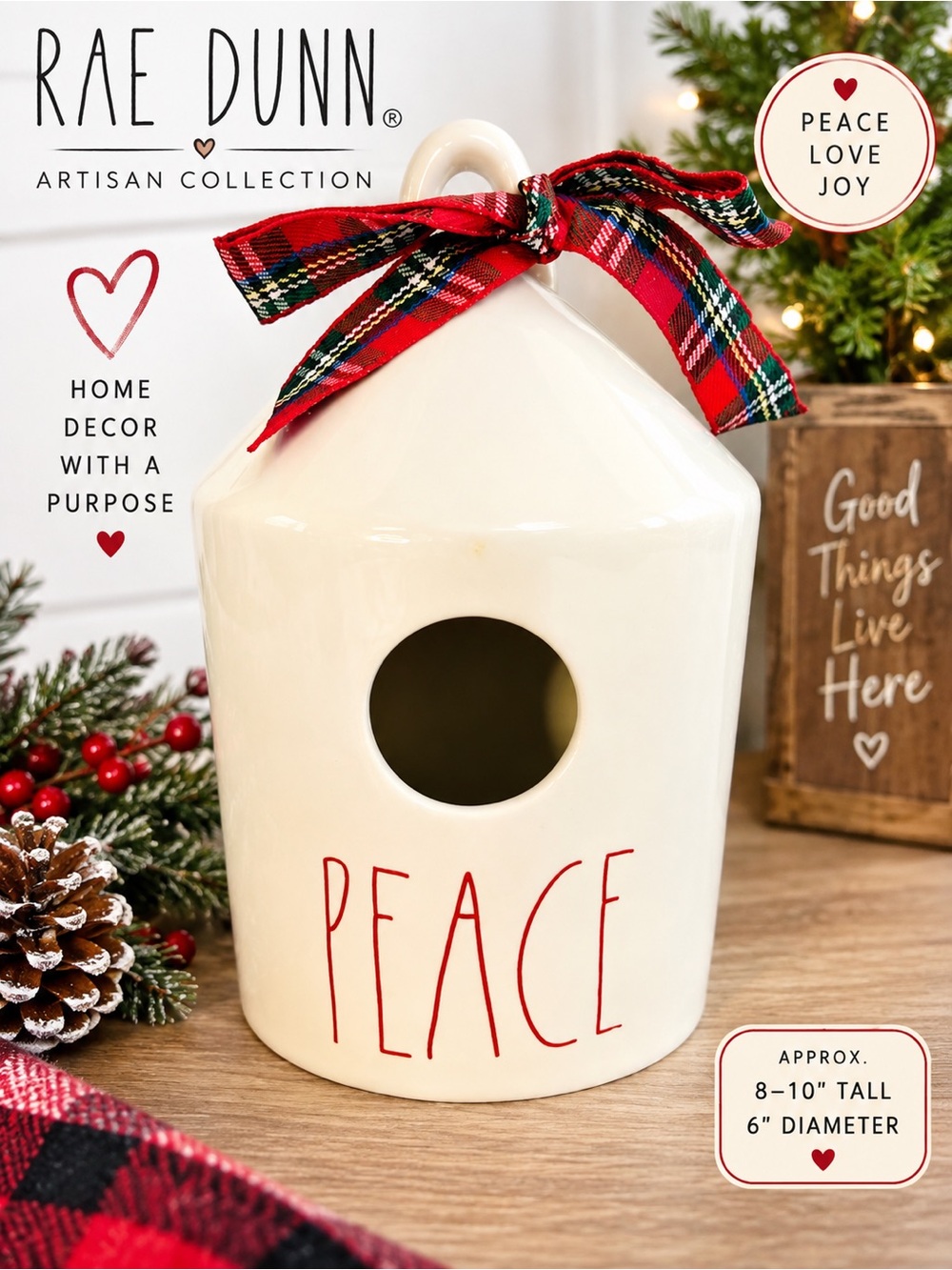 Rae Dunn 'PEACE' Birdhouse or Home Decor with Red Plaid Bow and Christmas Tree